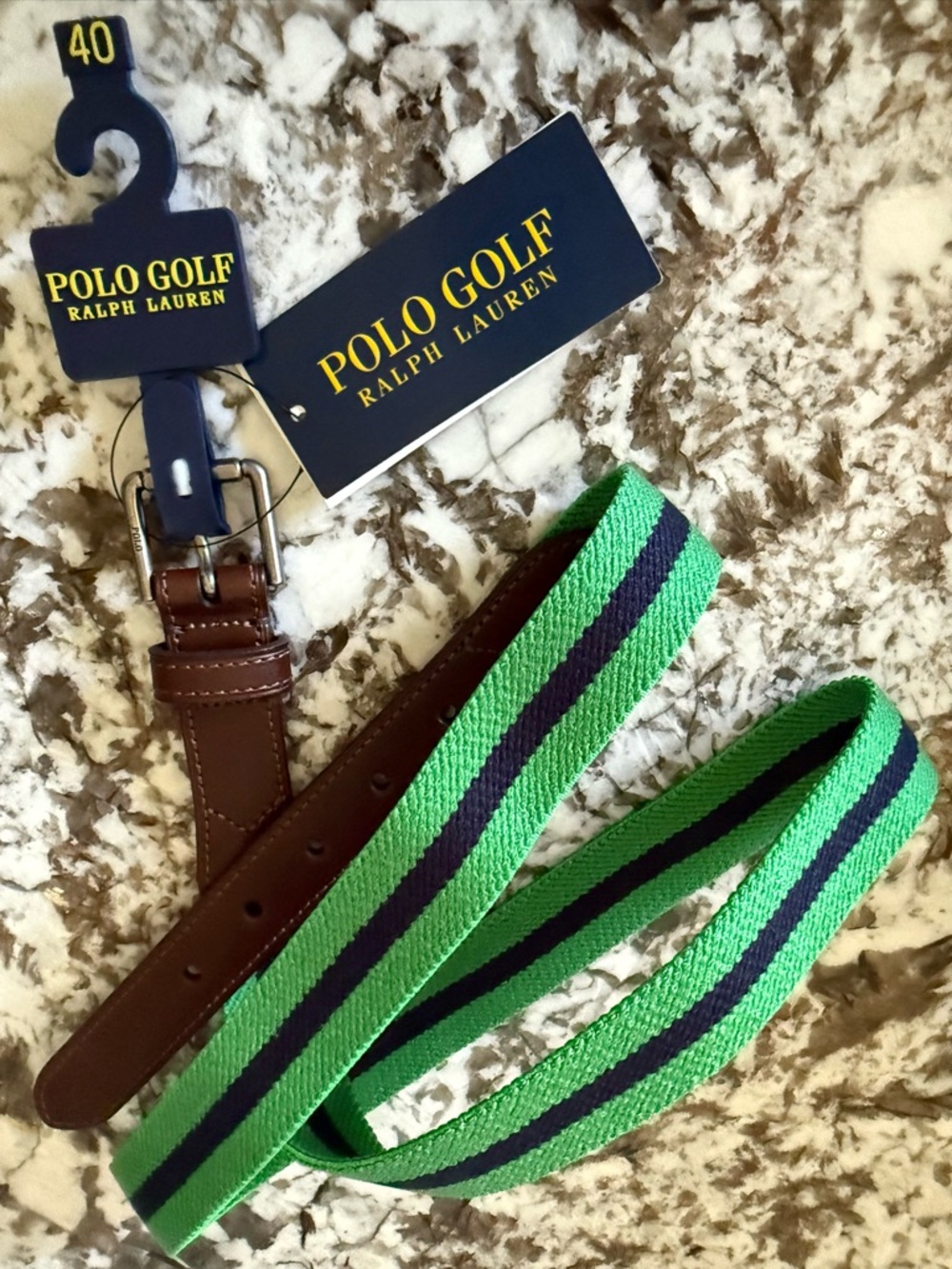 Polo Golf Ralph Lauren Men’s Belt Size 40 Green Navy Woven Stretch Leather Trim